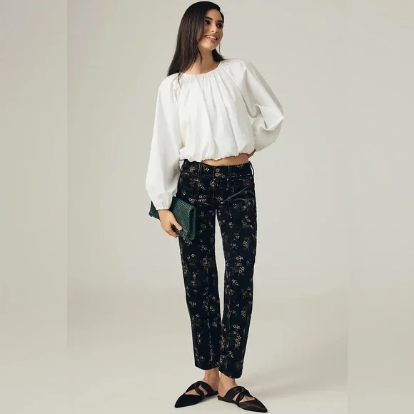 Pilcro Black Corduroy Floral Straight Leg Elevated Statement Pants - Picture 1 of 13